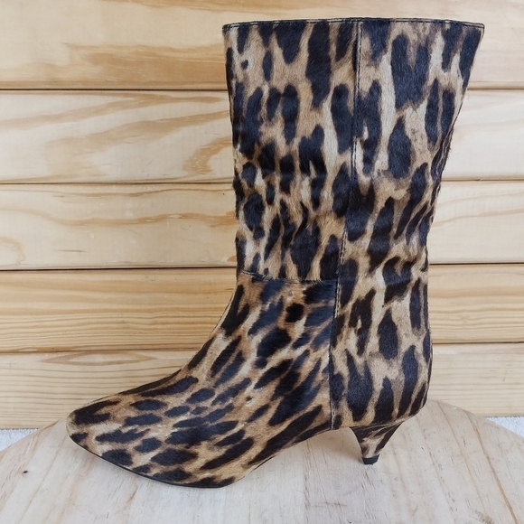 Vince Camuto Rastel 3 Leopard Print Calf Hair Kitten Heel Pull On Mid Calf Boots - Picture 1 of 10